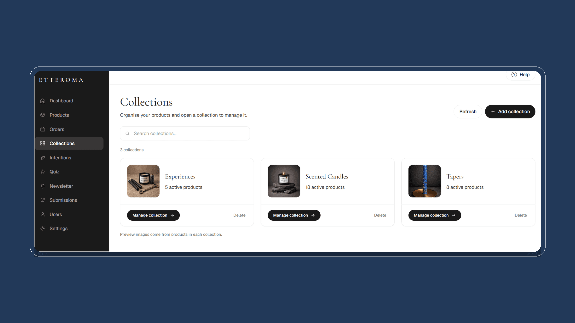 Etteroma collections administration showing Experiences, Scented Candles and Tapers