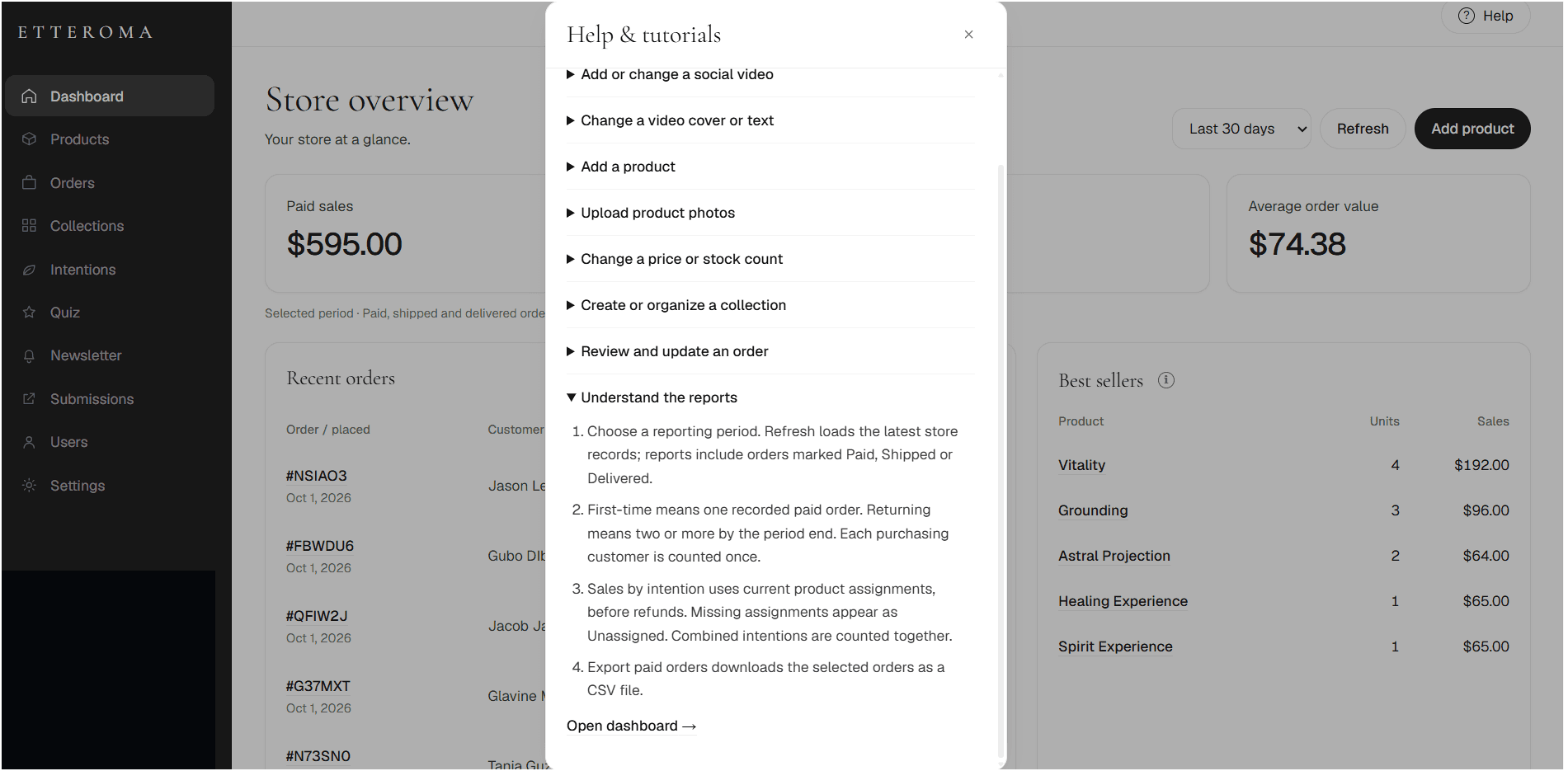 Etteroma Help and Tutorials interface