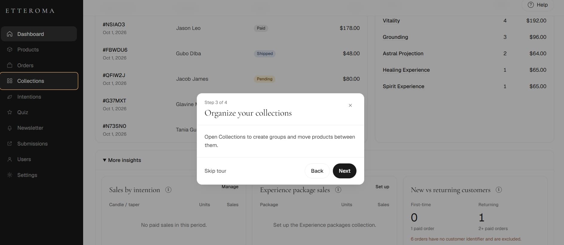 Etteroma guided onboarding for collections
