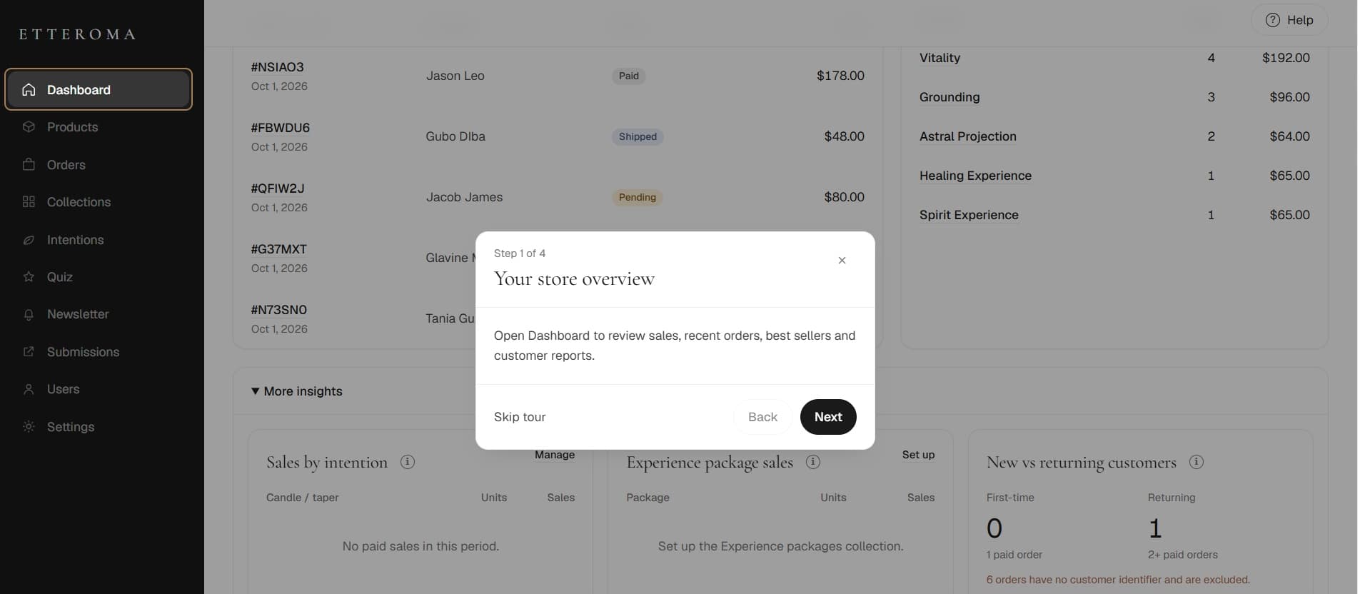 Etteroma guided onboarding for the store overview