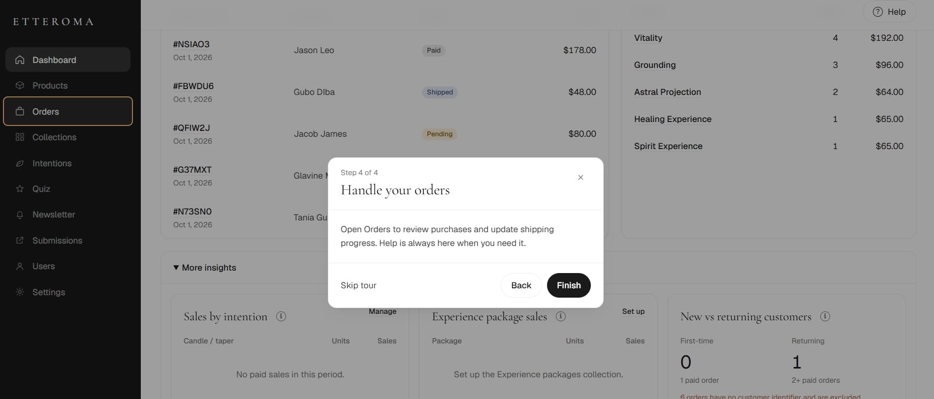 Etteroma guided onboarding for orders