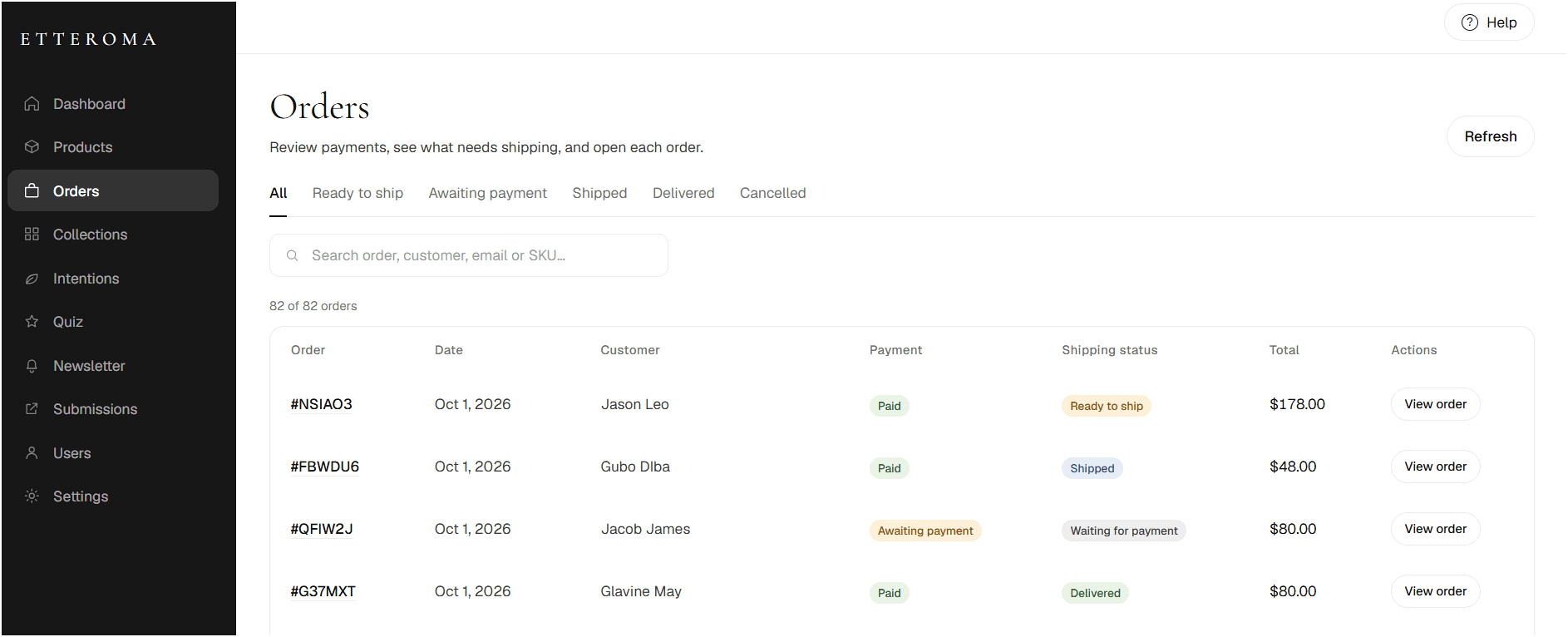 Etteroma order administration showing payment and fulfillment status
