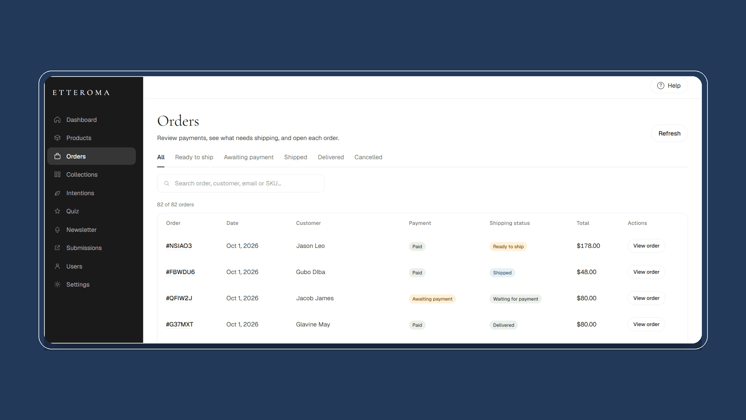 Etteroma order administration showing payment and fulfillment status