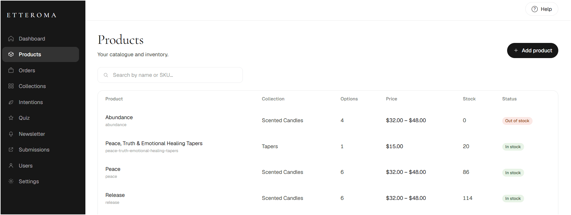 Etteroma product administration showing collection, options, price, stock and status