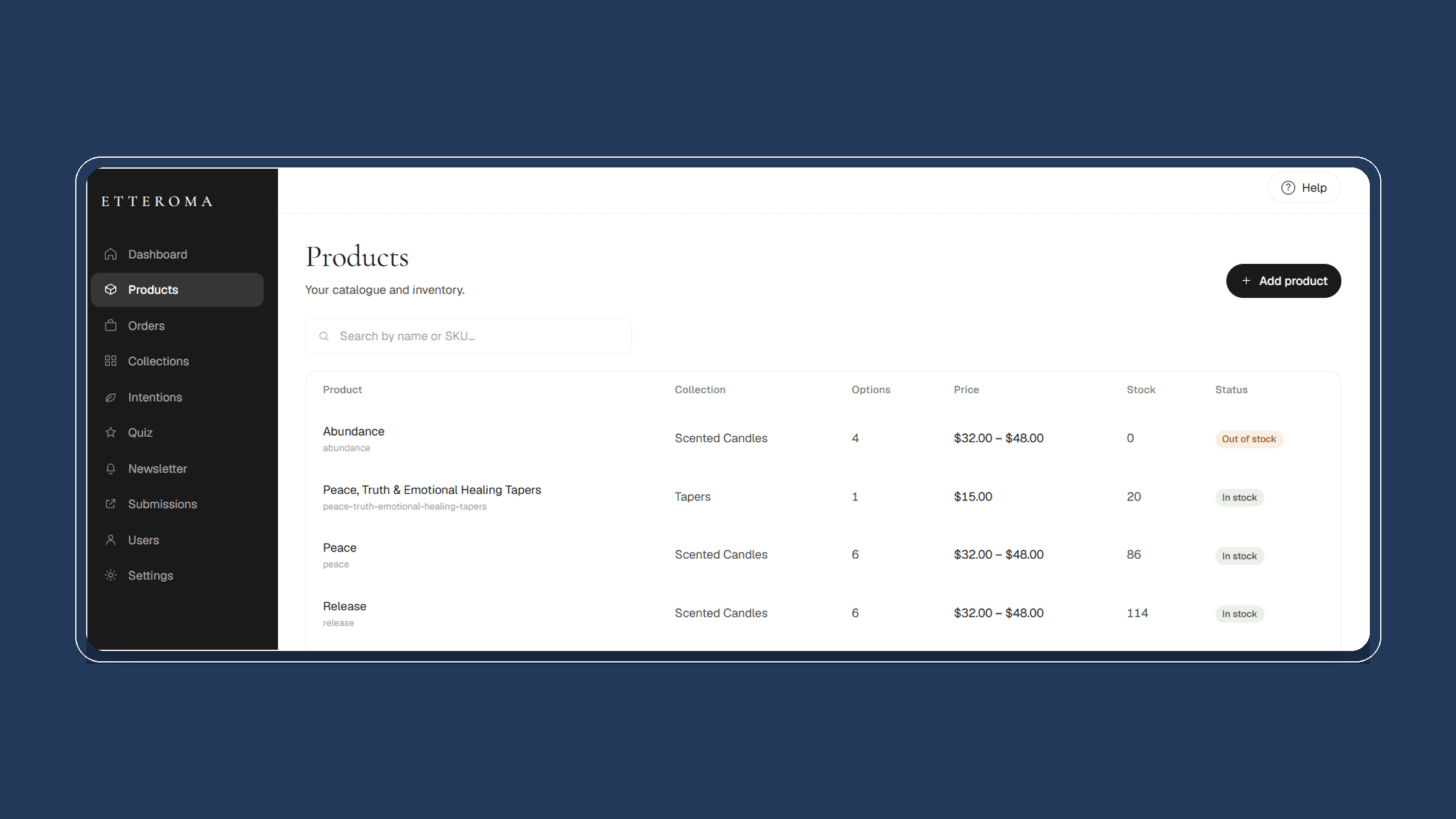 Etteroma product administration showing collection, options, price, stock and status