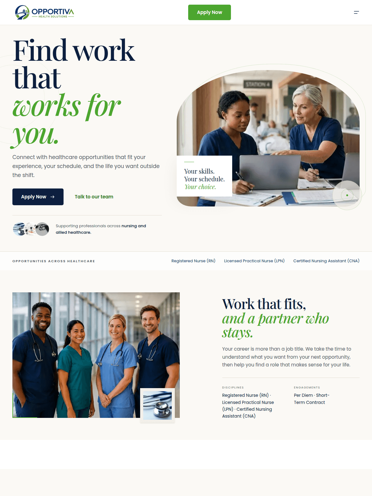 Opportiva page for healthcare professionals applying to the agency